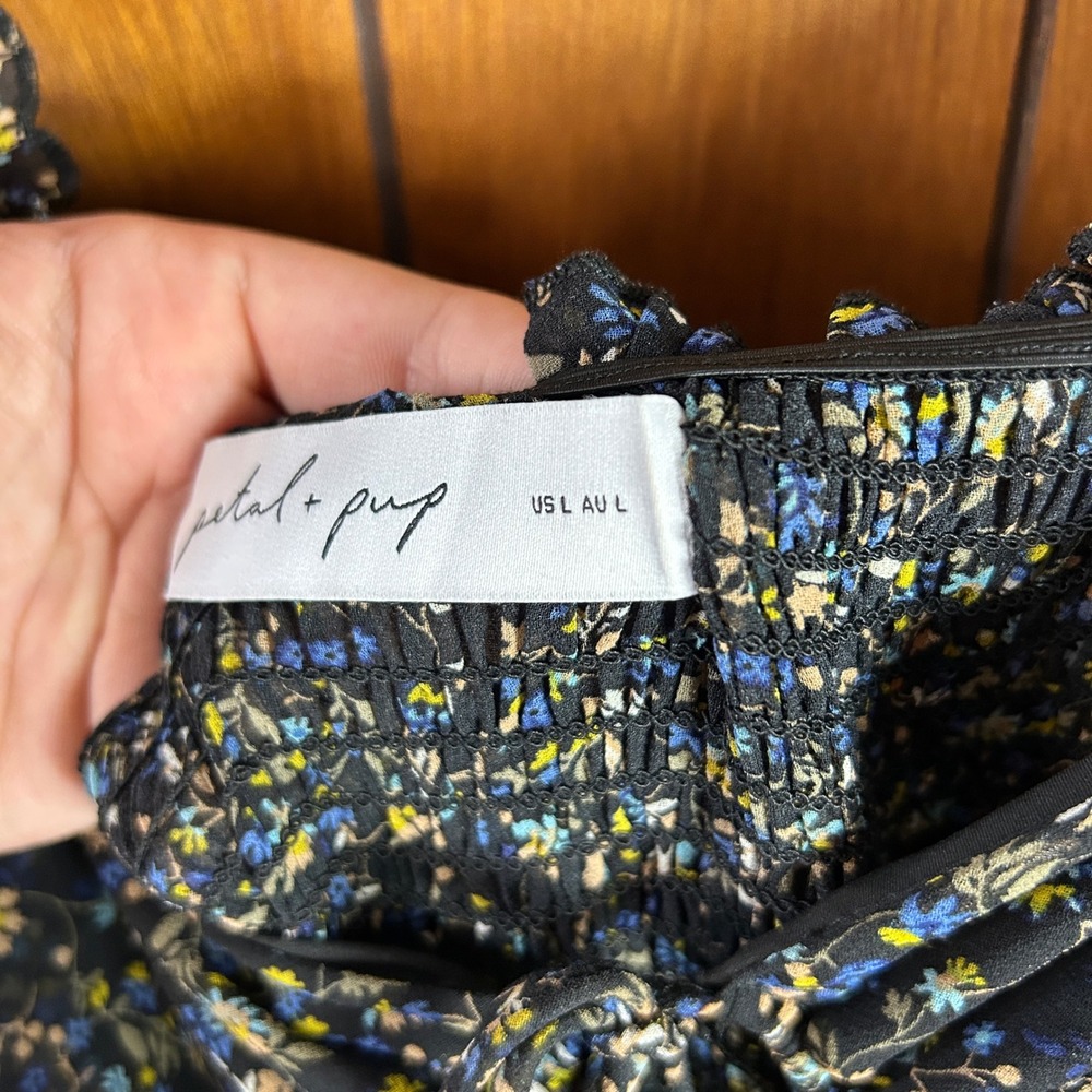 Petal + Pup Floral Maxi Dress Blue Yellow Ruched Tie Front Long Sleeve Size Boho - Picture 7 of 9